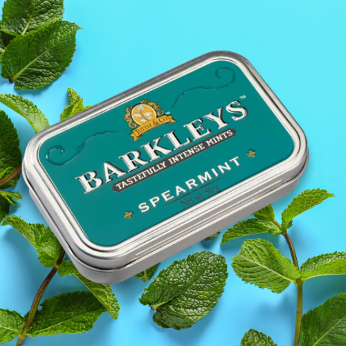 Barkelys Classic Mints Spearmint on fresh blue background with spearmint leaves