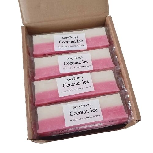 Case of Mary Perry's traditional confectionary, sweets, seaside treats, coconut-ice, coconut ice 120g